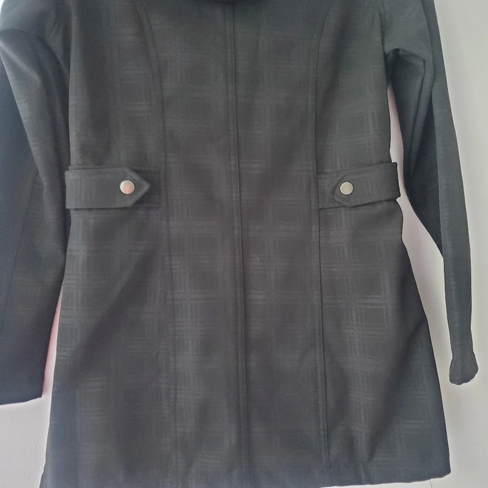 Free Country Woman's Black Plaid Hooded Trench Coat With Faux Fur Lining Sz S - Picture 4 of 16